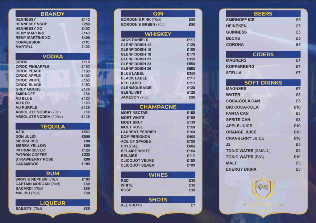 menu price list